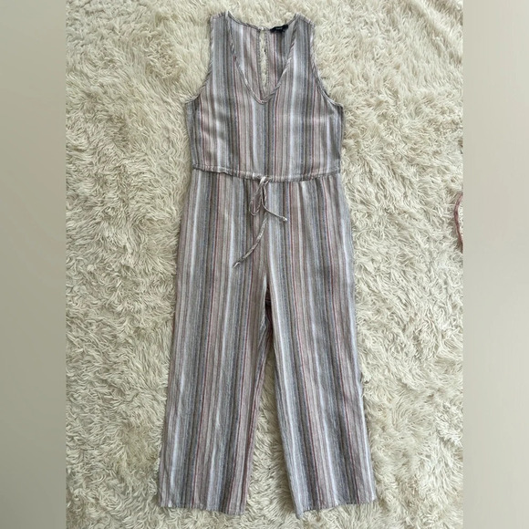 DREW Striped Linen Blend Jumpsuit Brown Tan Sleeveless Drawstring pockets SZ S - Picture 1 of 9